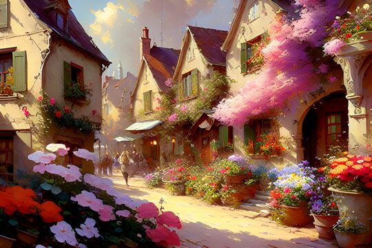 AI Generative Beautiful fairy-tale house in the village. Digital painting.