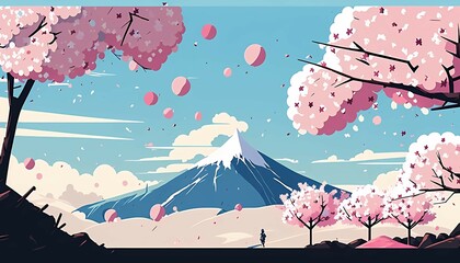 富士山と桜のかわいいイラスト