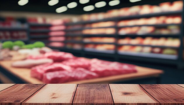 Wood Table Top Over Blur Background Of The Supermarket With Meat Products On The Shelf. Generative AI.