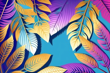 Fototapeta na wymiar Modern style tropical leaves background with empty space. Purple golden and blue jungle florals in digital art style for summer party design.