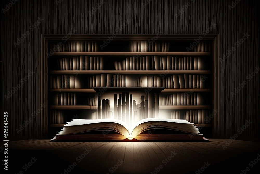 Poster defocused background of a library with an open book on a table and a bookshelf. generative ai
