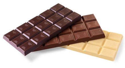 Dark chocolate bar above, milk chocolate bar in middle and white chocolate bar below, cut out