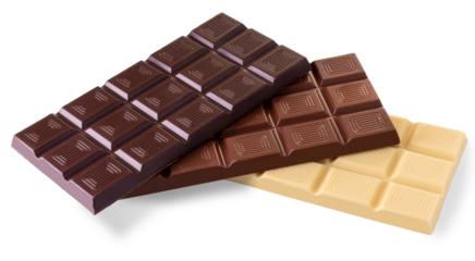 Dark chocolate bar above, milk chocolate bar in middle and white chocolate bar below, cut out