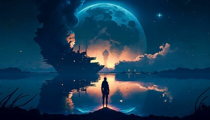 Obraz na płótnie Canvas Mercenary staring at Destroyed Ship in the Night Sky, Generative Art, AI