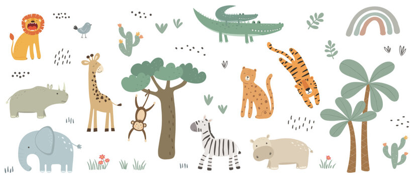 Set of cute african animals. Vector illustration in flat style.