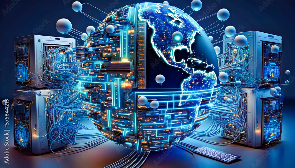Poster globe surrounded by many electronic devices generative ai