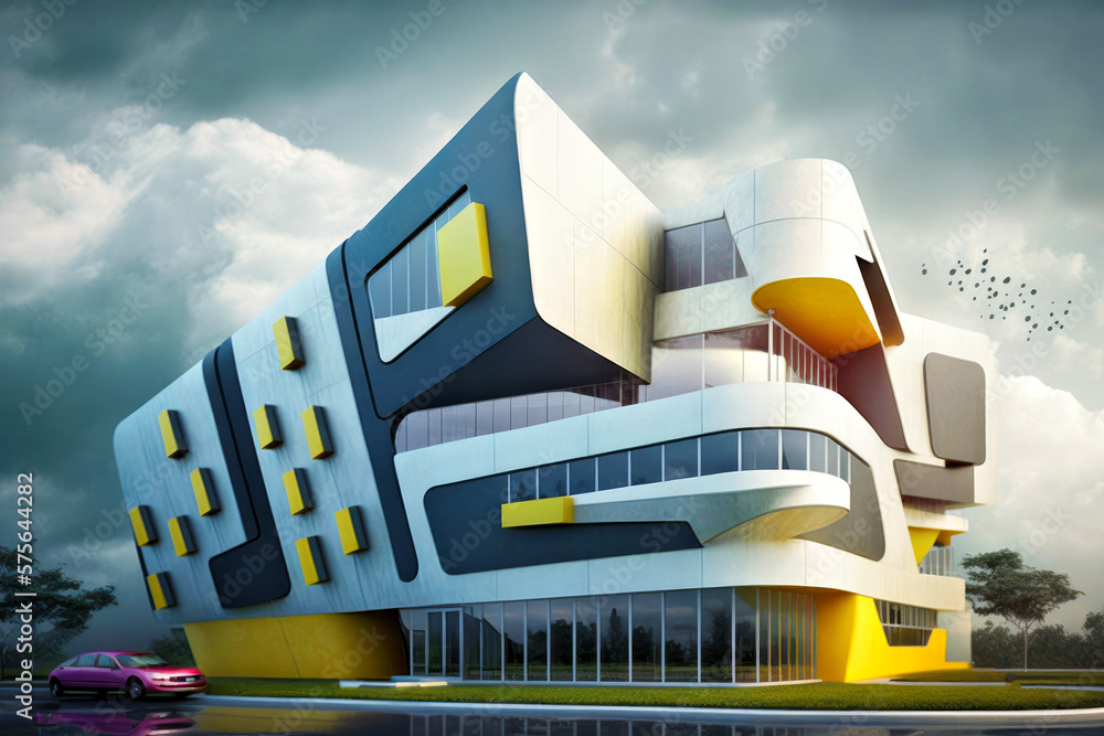 Poster futuristic building with car parked in front of it generative ai
