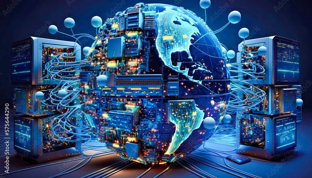Poster globe surrounded by many electronic devices generative ai