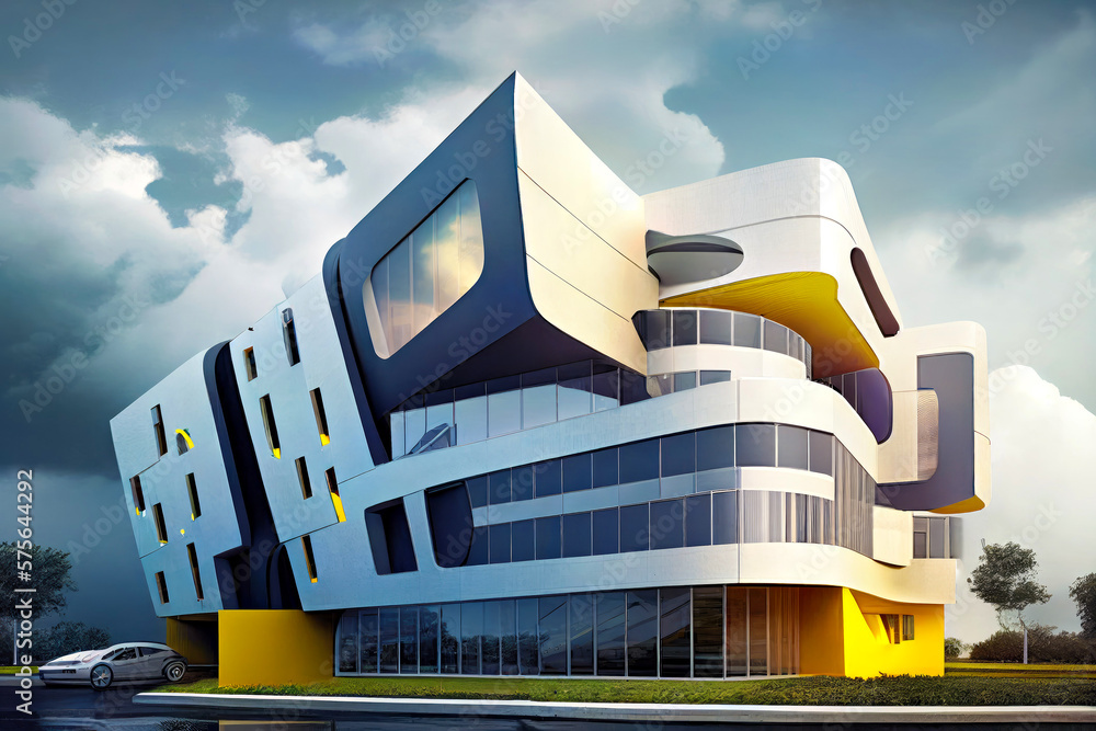 Poster large building with lot of windows on top of it generative ai