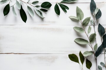 Nature's Charm: Top View of Eucalyptus Branches on Wooden Surface, Generative AI