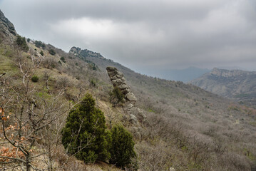 Fototapeta na wymiar Landscape of Karadag Reserve in spring. View of different rocks. Crimea