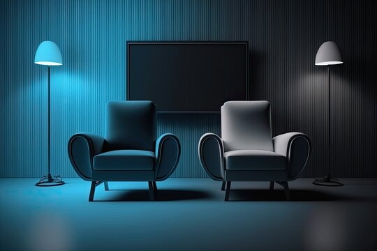 The two armchairs in the blue living room are arranged in front of the television. The idea of sitting down as a household to watch television and movies on the internet. Generative AI