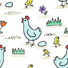 Fototapeta na wymiar seamless abstract pattern background fabric fashion design print wrapping paper digital illustration texture wallpaper colorful image with chickens and eggs 