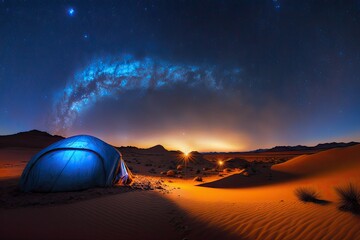 Fototapeta na wymiar A tent camp in the Sahara Desert of Morocco at night under a star studded blue sky. Generative AI