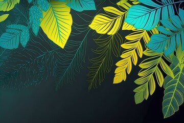 Fototapeta na wymiar Tropical leaves in minimal style green yellow colored with empty space. Neon style digital art jungle leaves for summer design.