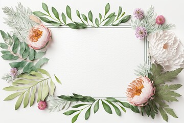 Blank white paper invitation message with flower frame top view Made with Generative AI