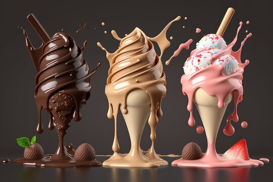 Ice cream waffle cones with milk splash and strawberry isolated on studio background. Generation AI