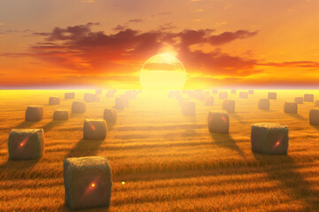 olden Harvest: Stock Illustration of Hay Bales at Sunset. Ai generated.
