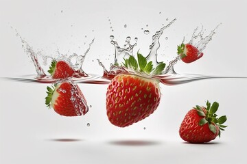 Strawberry berry floats on a white background with water splashes. food levitation. Generation AI