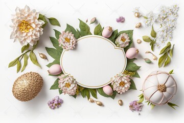 Naklejka na ściany i meble Blank white paper invitation message with flower frame top view Made with Generative AI