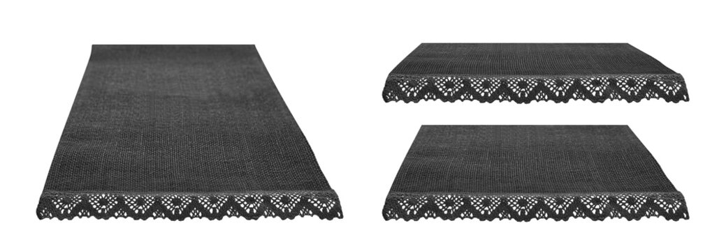 Thre black canvas napkins with lace, natural burlap runner perspective isolated on white set. Can used for display or montage product. Selective fokus