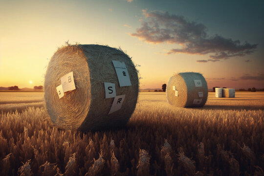 olden Harvest: Stock Illustration of Hay Bales at Sunset. Ai generated.
