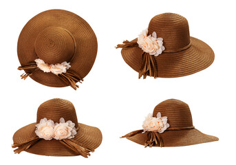 Beach hat top view isolated set. Pretty straw hats with ribbon and pastel flowers on white...