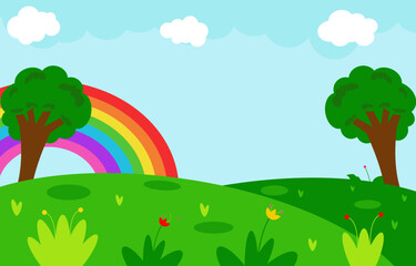 Naklejka premium Kids empty background with hill, tree, flower, rainbow, and cloud