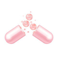 Serum capsule. Collagen, vitamin E and Coenzyme Q10. Acid toner and serum pink. Use for face skin rejuvenation, beauty products medical concepts. Realistic 3D file PNG.