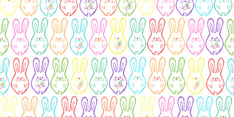 Easter bunny background. Chalk Children drawing rabbits hand drawn wax crayons art on white. Crayon style bunny backdrop. Color pastel crayons freehand drawn bunnys background. Fabric Easter texture. 