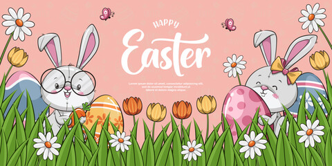 Cute Bunny Easter And Eggs Hidden In The Grass. Happy Easter Banner, Cartoon Illustration
