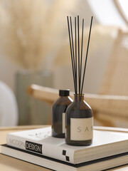 Aroma glass diffuser with black sticks in japandi interior 3D rendering