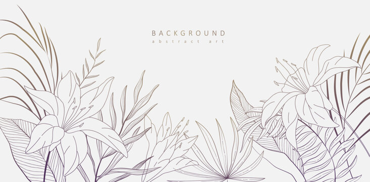 Botanical line bakground with flowers and leaves. Floral foliage for wedding invitation, wall art or card template. Vector illustration. Luxury rustic trendy art