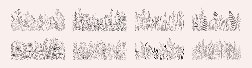 Set of botanical bakground, floral branch and leaves. Vintage foliage for wedding invitation, wall art or card template. Minimal line art drawing. Vector - obrazy, fototapety, plakaty