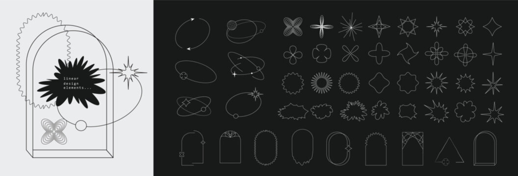 Trendy geometric design elements. Simple shapes forms and frames inspired brutalism, abstract bauhaus and boho cosmic style. Universal star and flower shape, basic form
