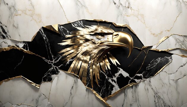 Eagle face abstract texture background with cracks in marble with liquid gold and stone generative ai wallpaper.