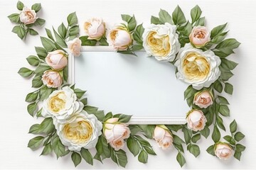 Blank white paper invitation message with flower frame top view Made with Generative AI