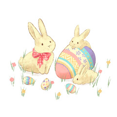 Cute bunny family with colorful Easter eggs hand drawn illustration with transparent background
