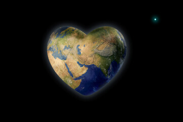 The earth is in the shape of a heart in space. The concept of saving the earth. 3D illustration.