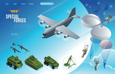 Special operations forces Landing Page with airborne assault, military vehicles and personal weapon isometric icons on isolated background