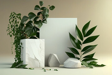Minimal mockup background for product presentation. White stone slabs podium with green leaves.