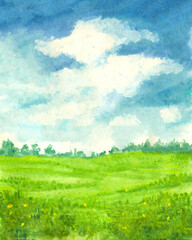 Fototapeta na wymiar Abstract watercolor background, landscape with clouds on blue sky and green grass field, hand drawn illustration