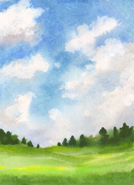 Abstract watercolor illustration vertical landscape with fluffy clouds on blue sky, green grass and distant trees