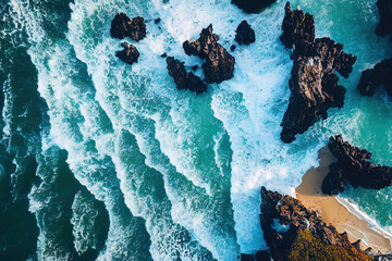 Spectacular drone photo, top view of seascape ocean wave crashing rocky cliff with sunset at the horizon as background. Beautiful coastal scenic landscape with turquoise water beating rocky boulder. - obrazy, fototapety, plakaty