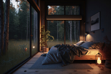 Obraz na płótnie Canvas 3D rendering evening bedroom house in the forest