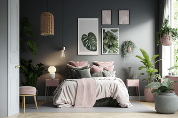 3d rendering of a grey and pink Scandinavian bedroom with rattan stool, ceiling lamp, a monstera plant and a big art frame