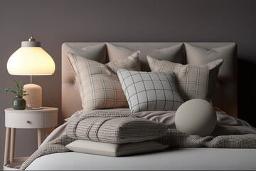 3d rendering of a grey and pink Scandinavian bedroom with rattan stool, ceiling lamp, a monstera plant and a big art frame