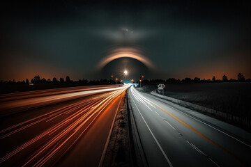 Night Rush: Long Exposure Highway Stock Photo. AI generated.