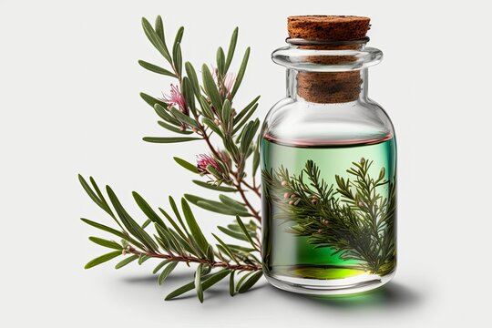 Glass vial with melaleuca oil, an essential oil. A Tea Tree Brunch, Against a White Background. Generative AI