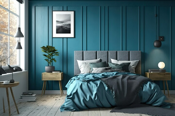 Blue bedroom interior mockup with gray bed on empty wooden wall background
